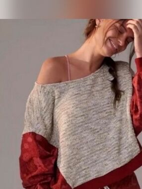 Anthropologie Two-Tone Off-the-Shoulder Sweater - Cream and Red XS